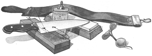 A complete sharpening kit featuring stone, oil, and strop.